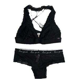Victoria Secret PINK Blk Set Lg Bralette W/‎ Sheer Lace Cheekster Med Panty -New